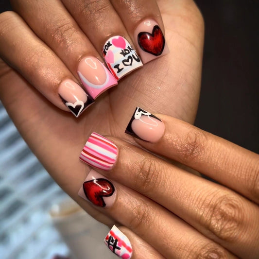 Love Story Glamorous Short Square Press-On Nail Set in Pink and Red with Artistic Heart Designs