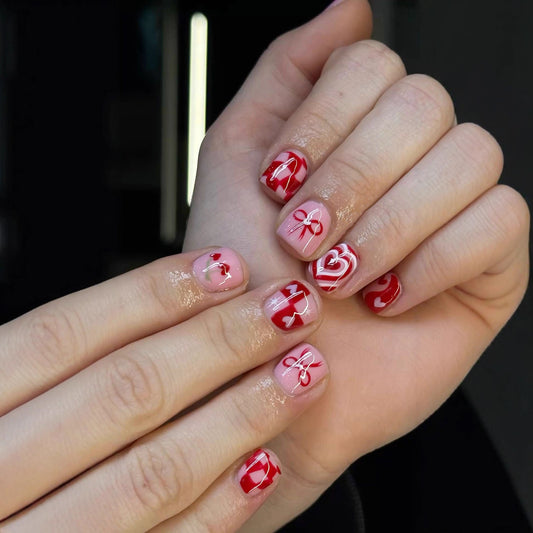 Romantic Blossom Short Square Red and Pink Design Press On Nail Set