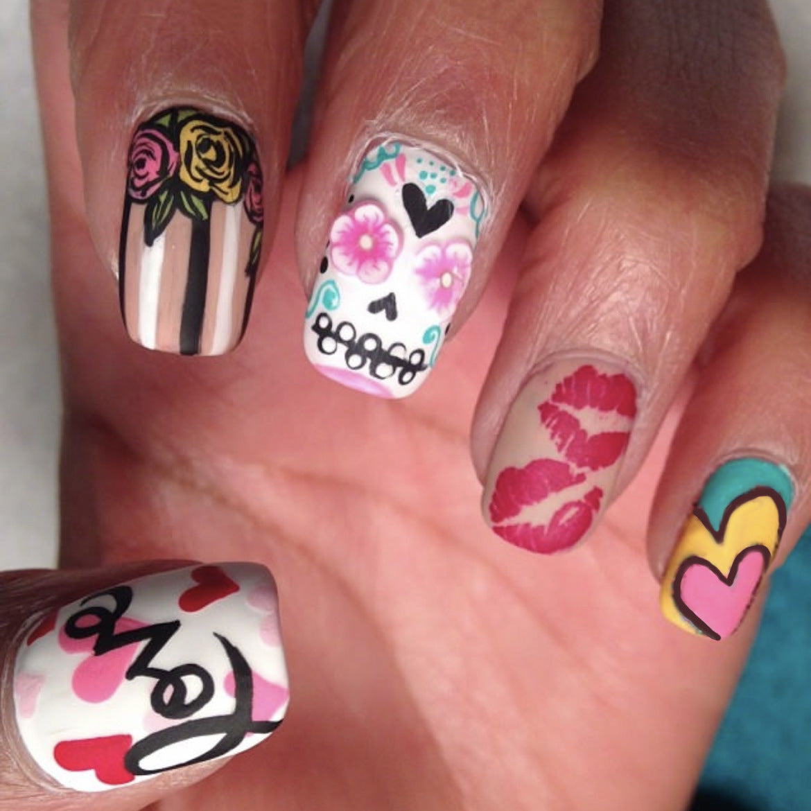 Bohemian Charm Long Square Multicolored Artistic Floral and Kiss Design Press On Nail Set