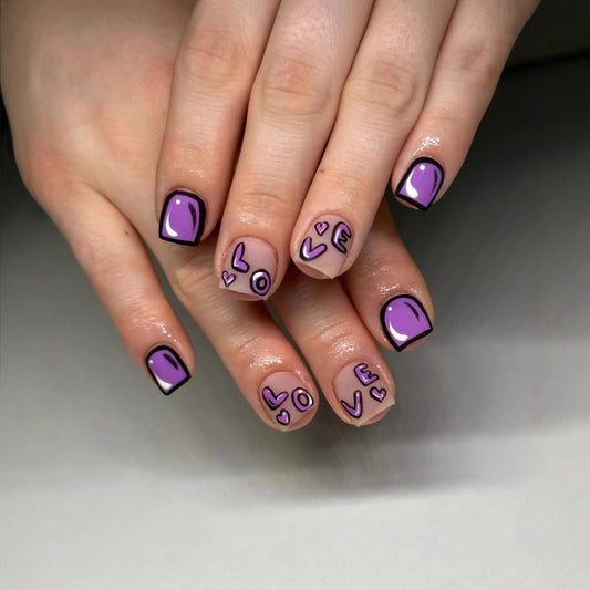 Romantic Vibes Short Square Purple Love Themed Press On Nail Set