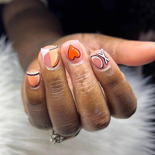 Enchanting Heartbeat Short Square Orange and Beige Press-On Nail Set with Artistic Love Symbols