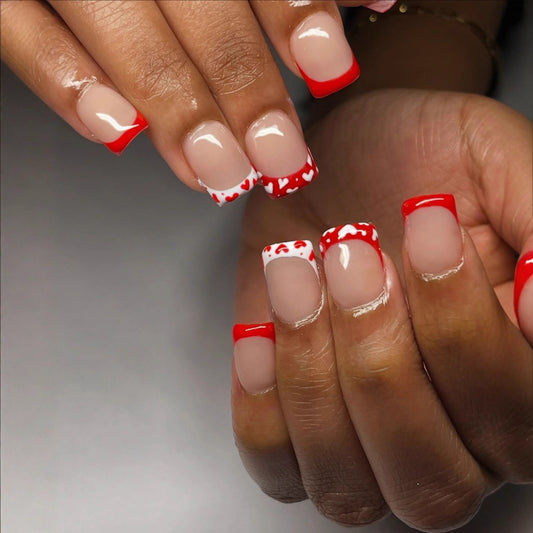 Romantic Heartfelt Design Medium Square Glossy Red and White Nail Set with Unique Heart Tips