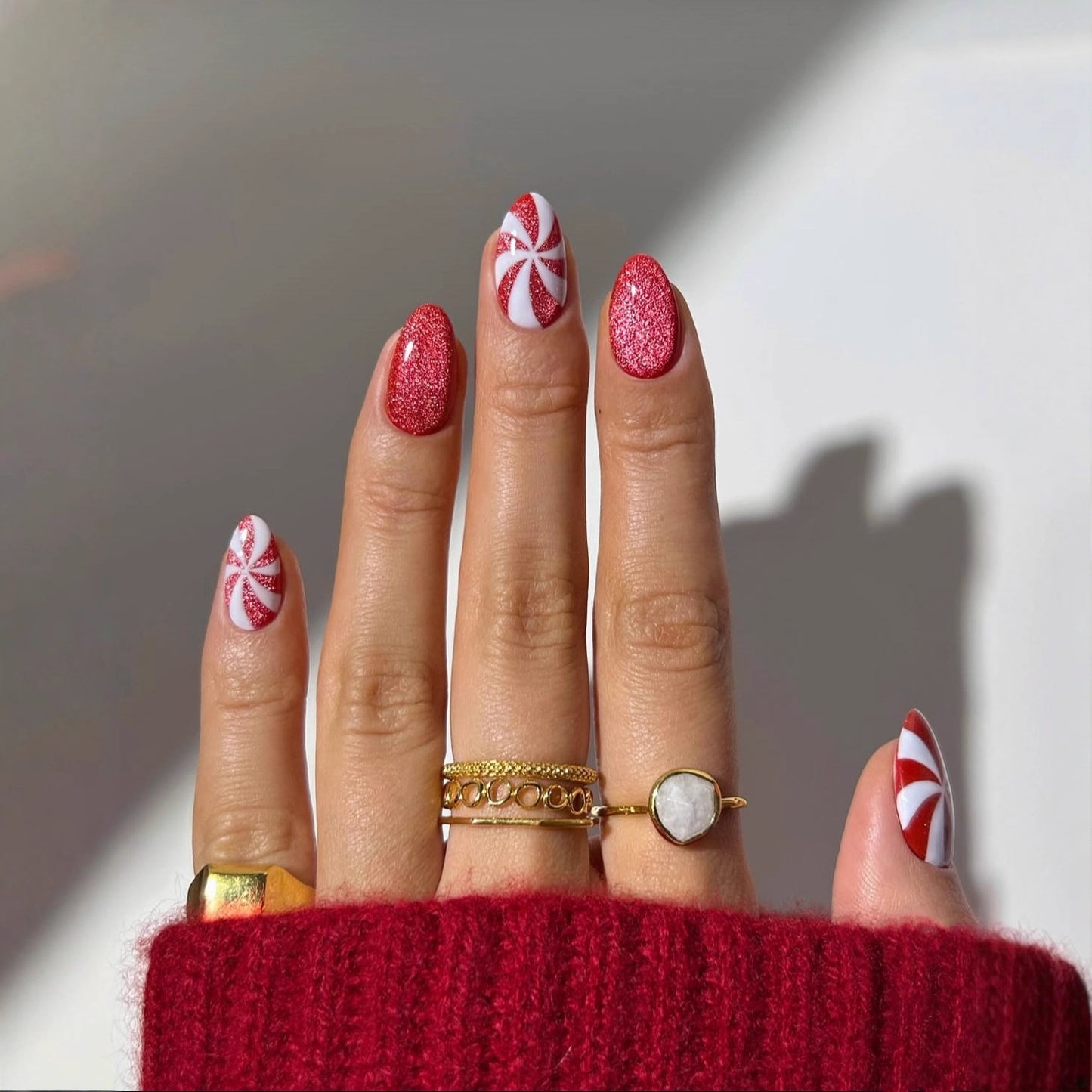 Candy Cane Delight Glittering Long Almond Red and White Press on Nail Set with Swirl Design