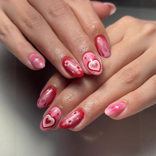 Lover's Touch Medium Almond Gradient Pink and Red with Heart and Floral Accents Press-On Nail Set