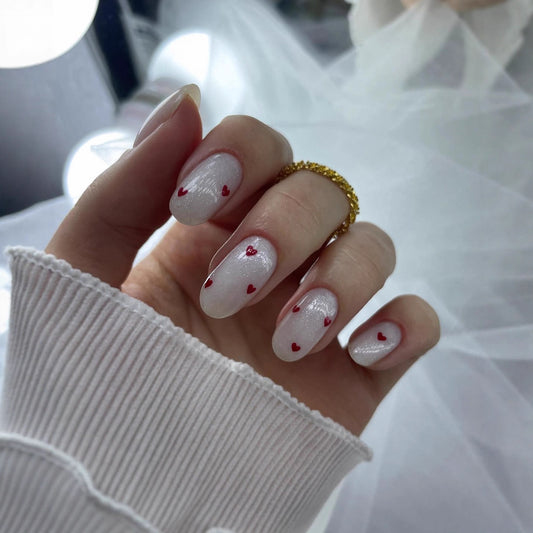 Romantic Heartfelt Medium Oval White with Shimmering Glitter Finish Press On Nail Set
