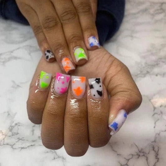 Vibrant Splash Medium Square Press On Nail Set in Colorful Pastels with Unique Abstract Dots