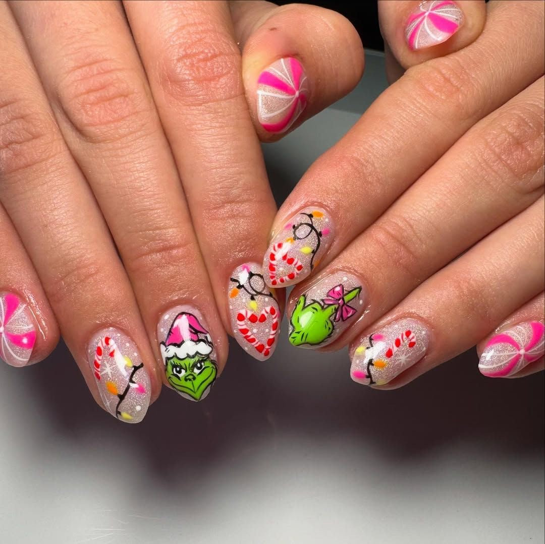 Whimsical Holiday Magic Long Oval Pink Transparent with Festive Grinch Design Press On Nail Set