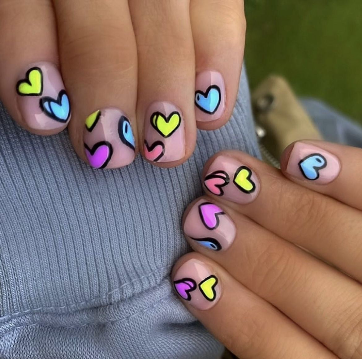 Whimsical Heart Vibes Short Square Pastel Colors Neon Heart Patterns Press On Nail Set