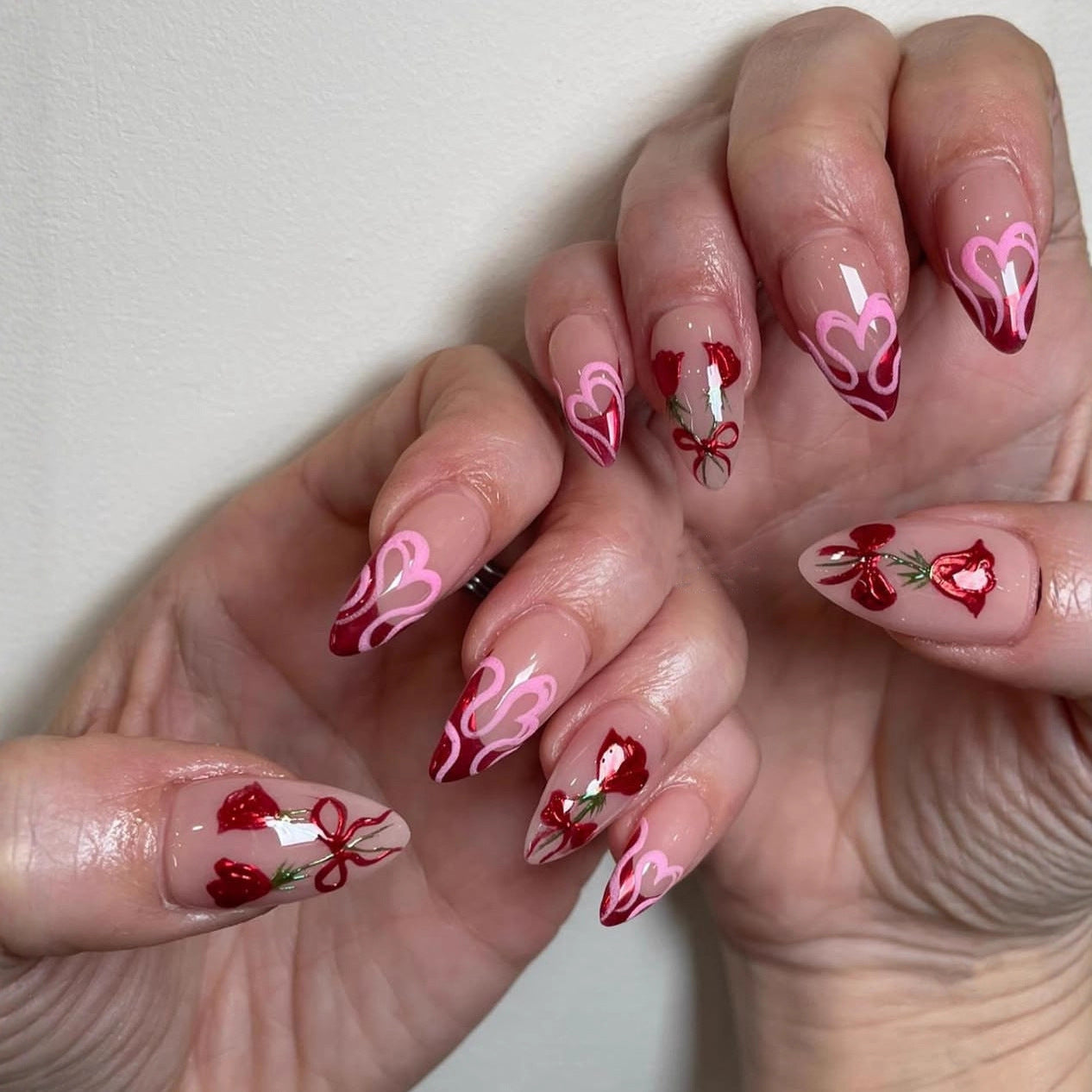 Romantic Rose Inspired Long Almond Pink and Red Nail Set with Intricate Floral Designs