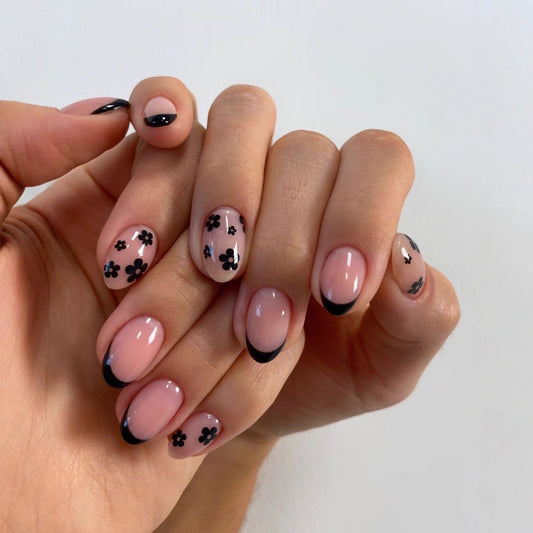 Floral Elegance Medium Oval Soft Pink with Black French Tips and Charming Floral Accents Press On Nail Set