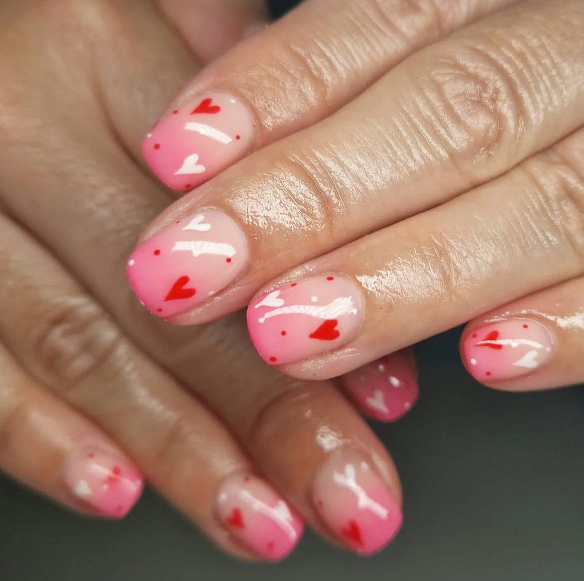 Romantic Love Inspired Short Square Press-On Nail Set in Ombre Pink Featuring Adorable Heart Designs