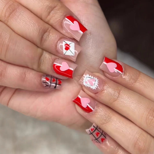 Romantic Heartfelt Short Square Press On Nail Set in Red Featuring Charming Love Letters