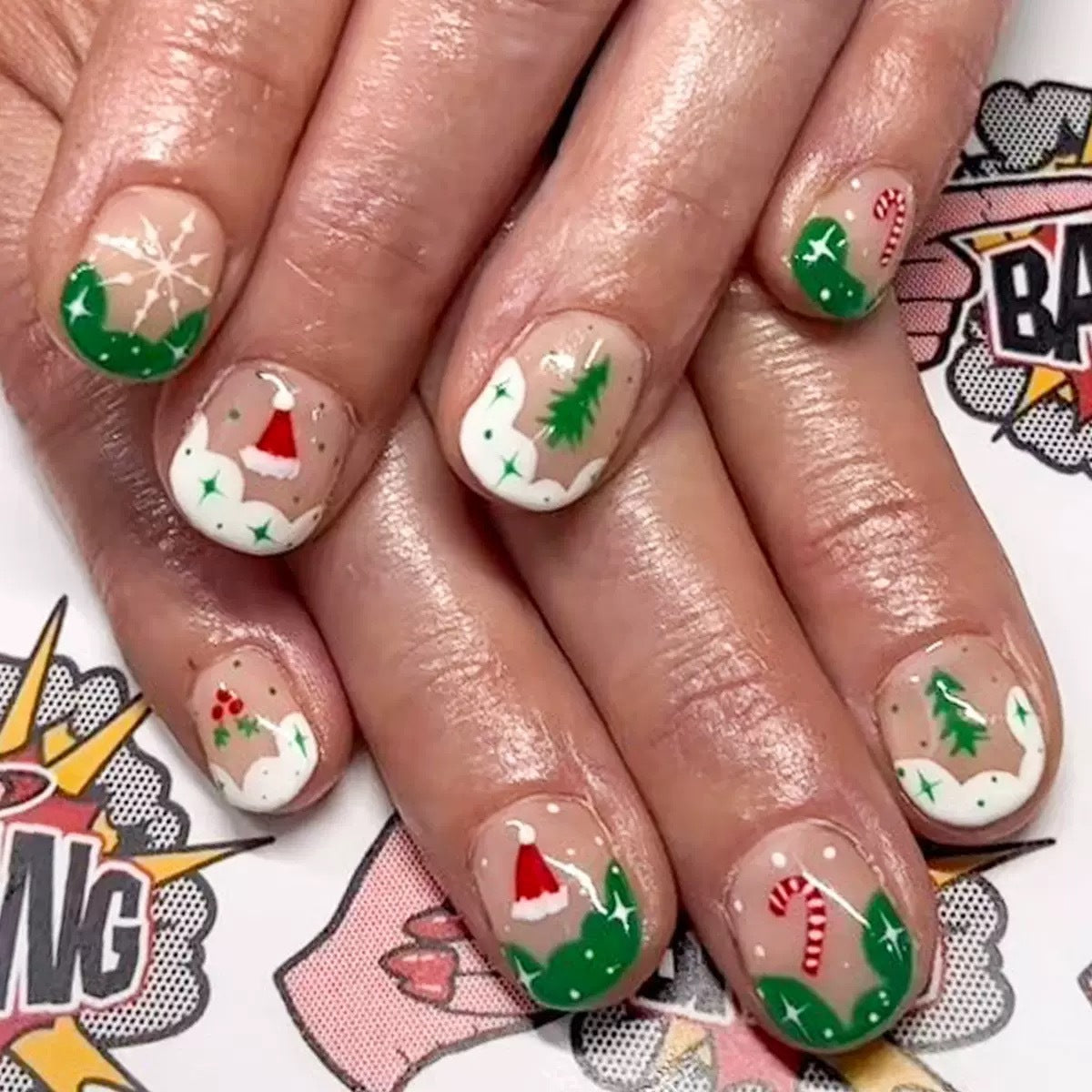 Festive Joy Short Squoval Green with Holiday Themed Designs Press-On Nail Set