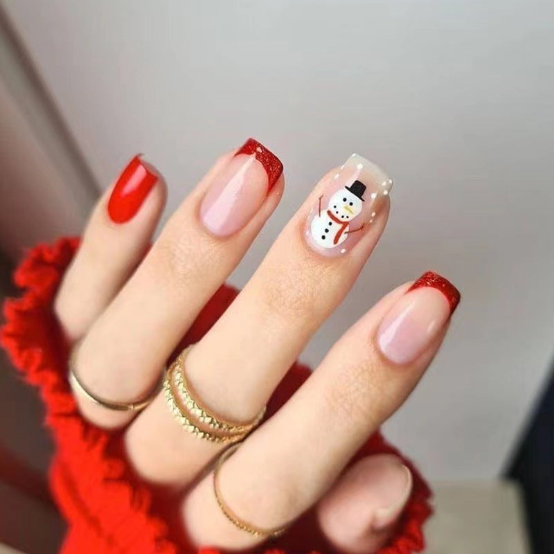 Winter Wonderland Chic Red Medium Square Press On Nail Set Featuring Festive Snowman Design