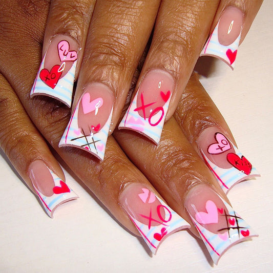 Romantic Charm Long Duck Pink and Clear Press On Nail Set with Whimsical Heart Designs