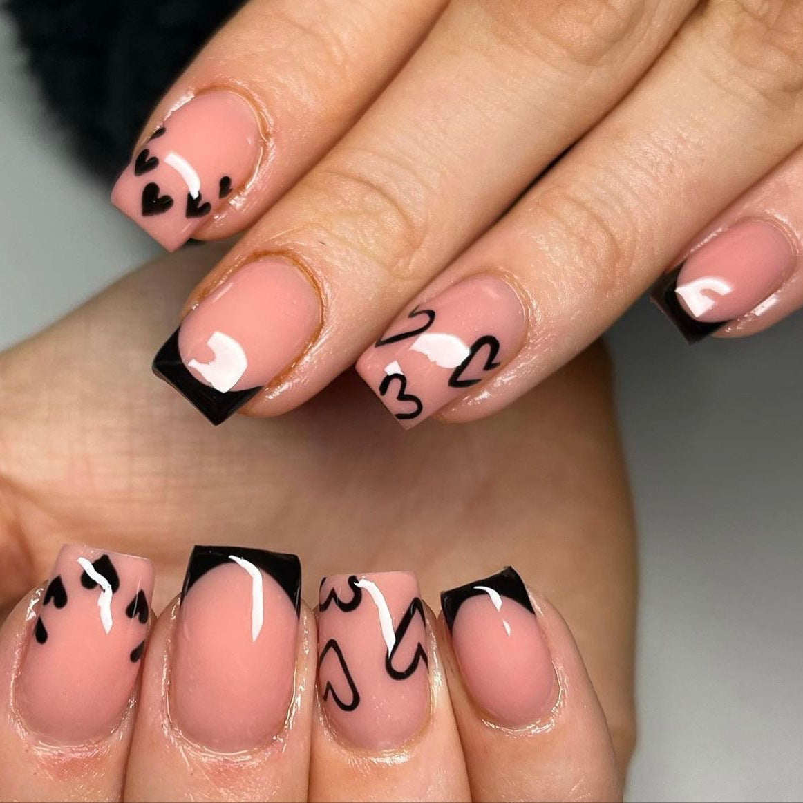 Romantic Elegance Medium Square Blush Pink with Artistic Black Heart Design Press On Nail Set