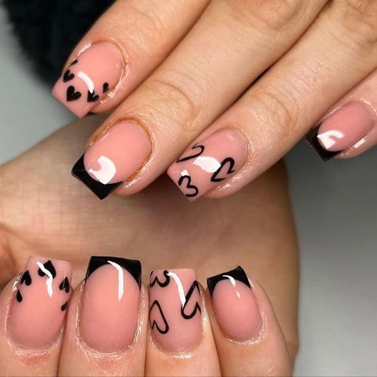Romantic Elegance Medium Square Blush Pink with Artistic Black Heart Design Press On Nail Set