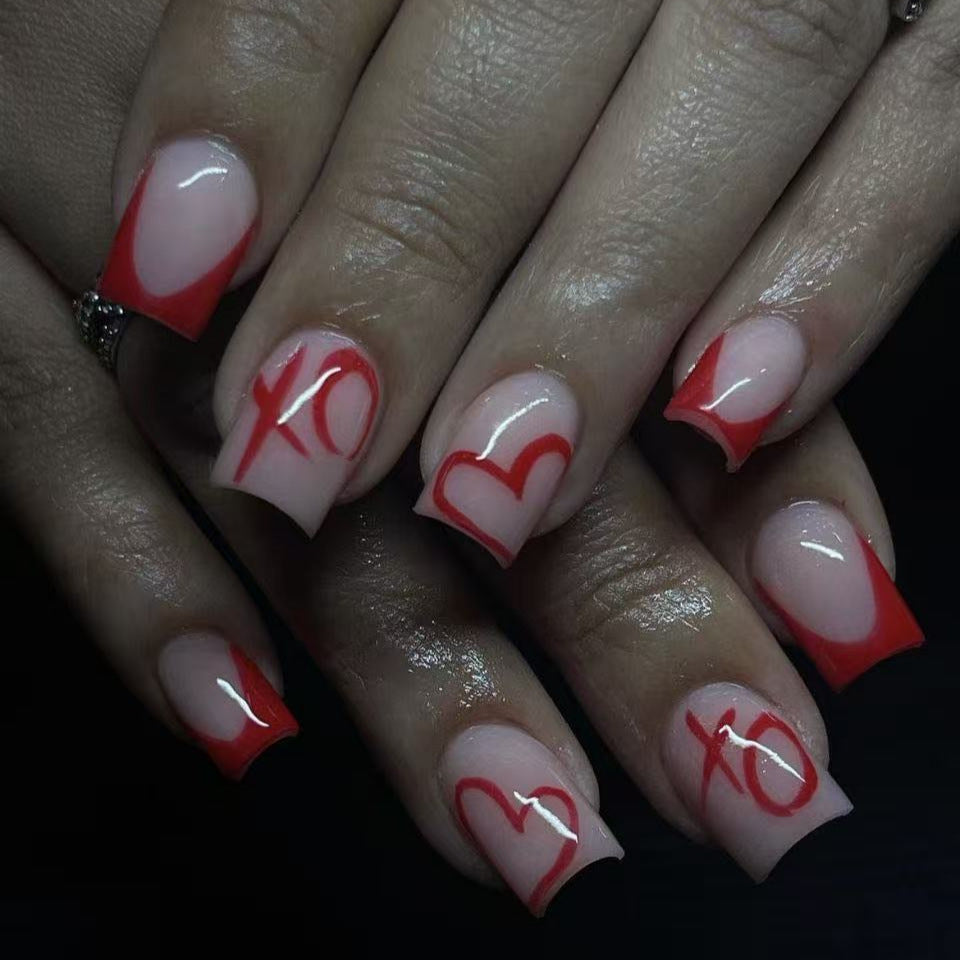 Romantic Elegance Medium Square Soft Pink with Red Heart and XO Nail Art Press Set