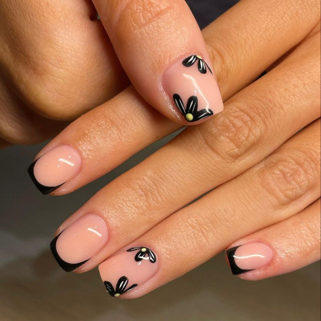 Botanical Bliss Short Square Press On Nail Set in Soft Pink with Elegant Black Floral Accents