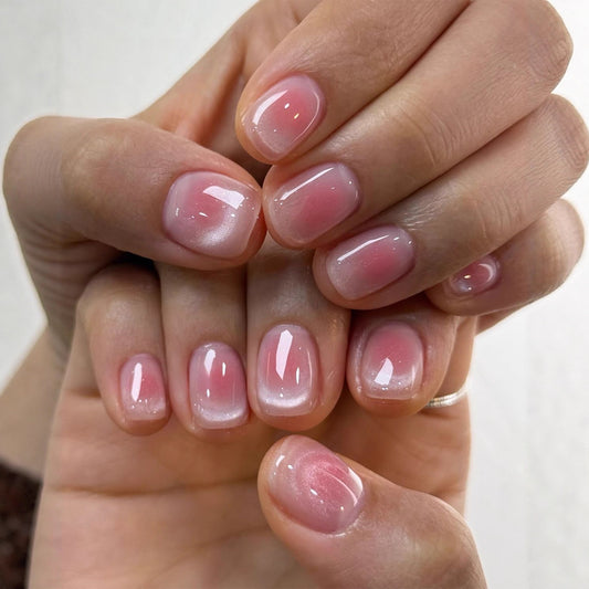 Whimsical Rose Garden Elegant Short Square Pink Ombre Press On Nail Set with Iridescent Shine