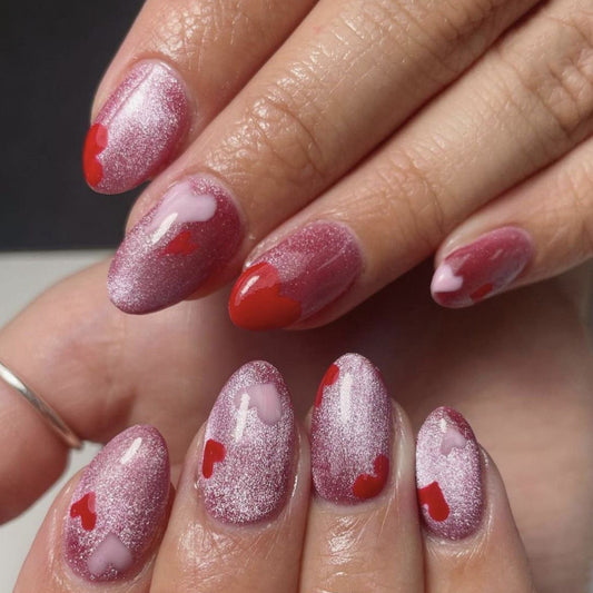 Romantic Heartfelt Short Oval Pink and Red Glitter Gradient Nail Set