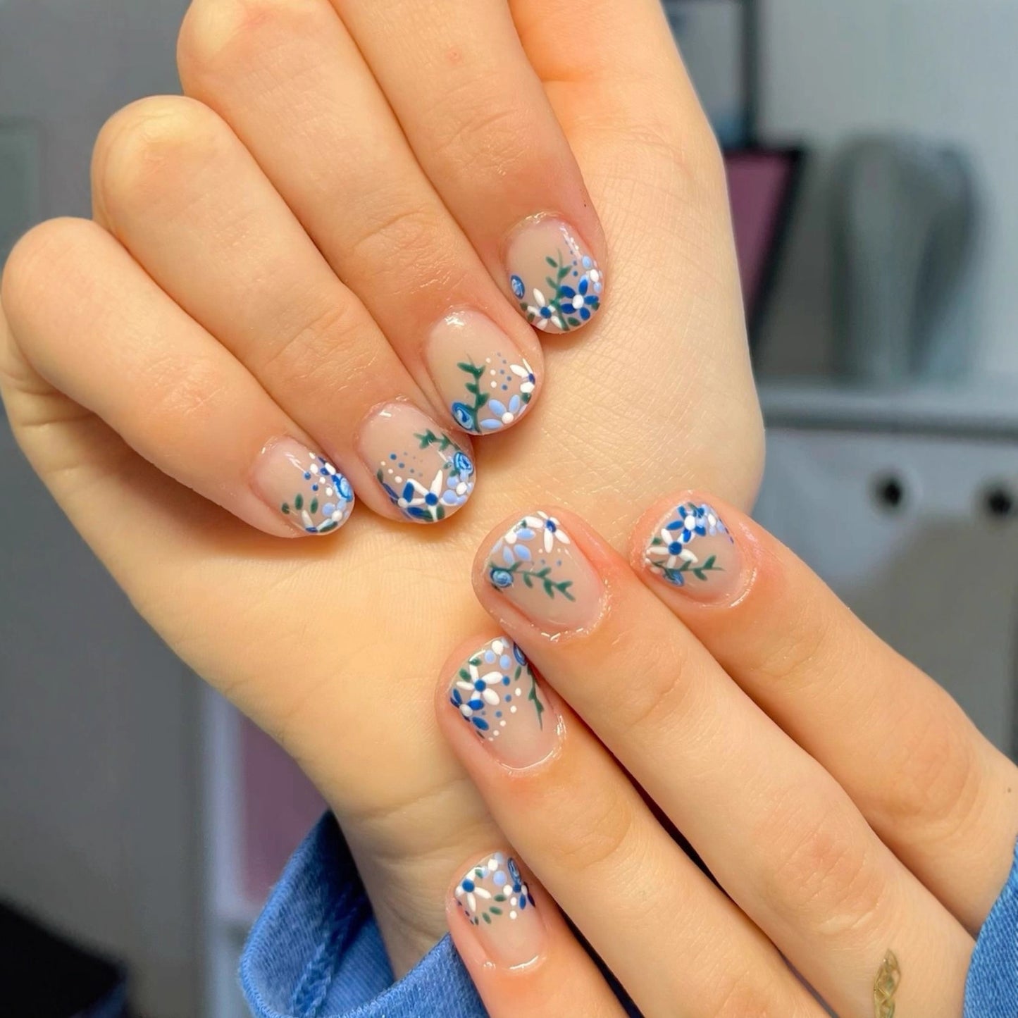 Botanical Bliss Short SquovalSquare Natural Floral Press On Nail Set with Elegant Blue Accents