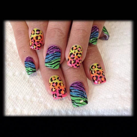 Wild Safari Vibrant Medium Square Colorful Animal Print Press On Nail Set Featuring Sparkling Designs
