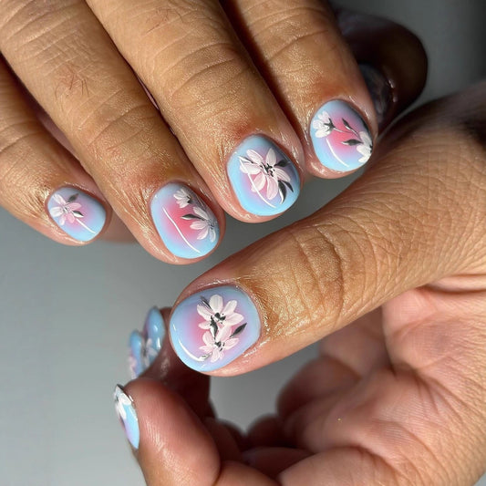 Blooming Serenity Short Squoval Sky Blue Floral Press On Nail Set with Gradient Design
