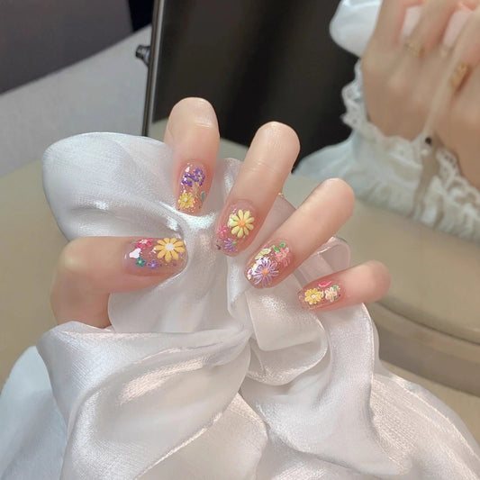 Floral Fantasy Medium Square Clear with Colorful Flower Designs Press On Nail Set