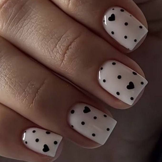 Charming Love Theme Square Short White Nails with Black Dots and Heart Design