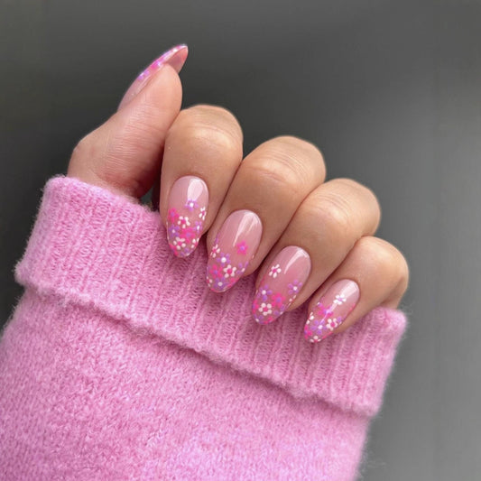Whimsical Blossom Dreamy Long Almond Pink Floral Press On Nail Set