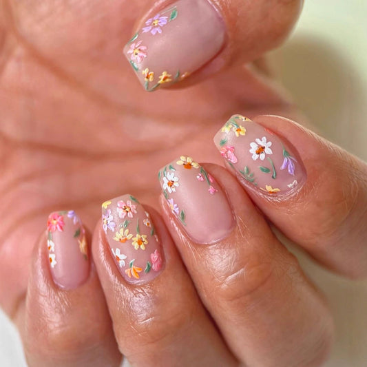 Whimsical Floral Elegance Medium Square Beige with Vibrant Flower Accents Press On Nail Set