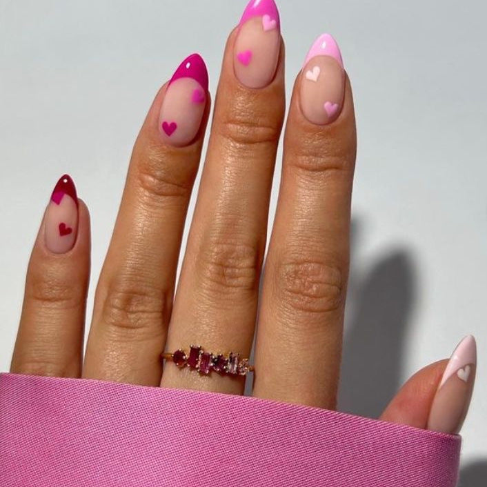 Romantic Charm Long Almond Pink Gradient Nails with Heart Accents