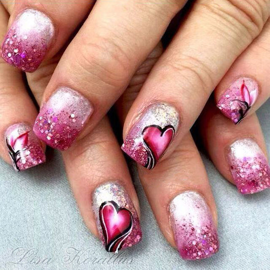 Romantic Heartfelt Short Square Press On Nail Set in Pink with Glitter Ombre and Artistic Floral Design