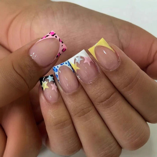 Celestial Dreams Short Square Press On Nail Set in Pastel Colors with Stylish Star Accents