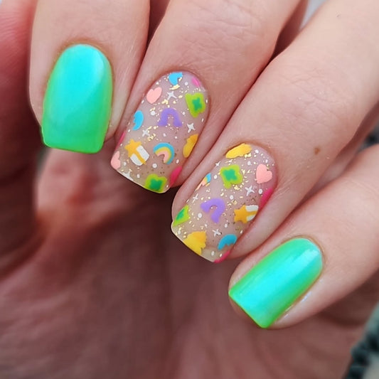 Whimsical Pastel Full Coverage Short Square Shaped Bright Green with Playful Confetti Accent Press On Nail Set