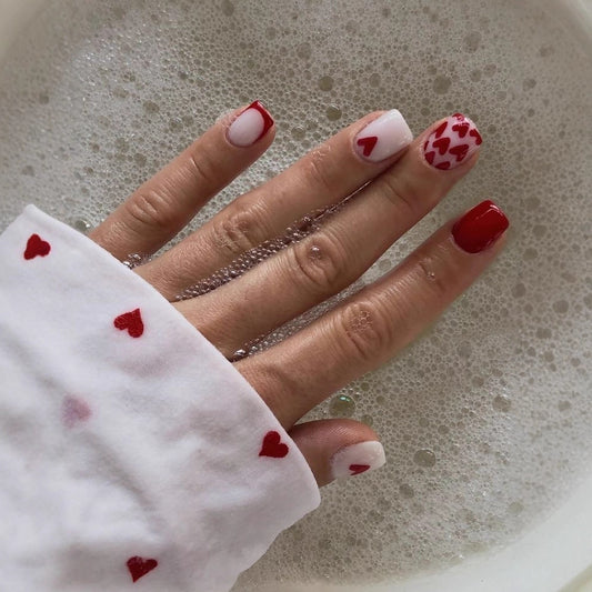 Valentine's Day Romantic Heart Short Square Long Red and White Press on Nail Set with Unique Love Design