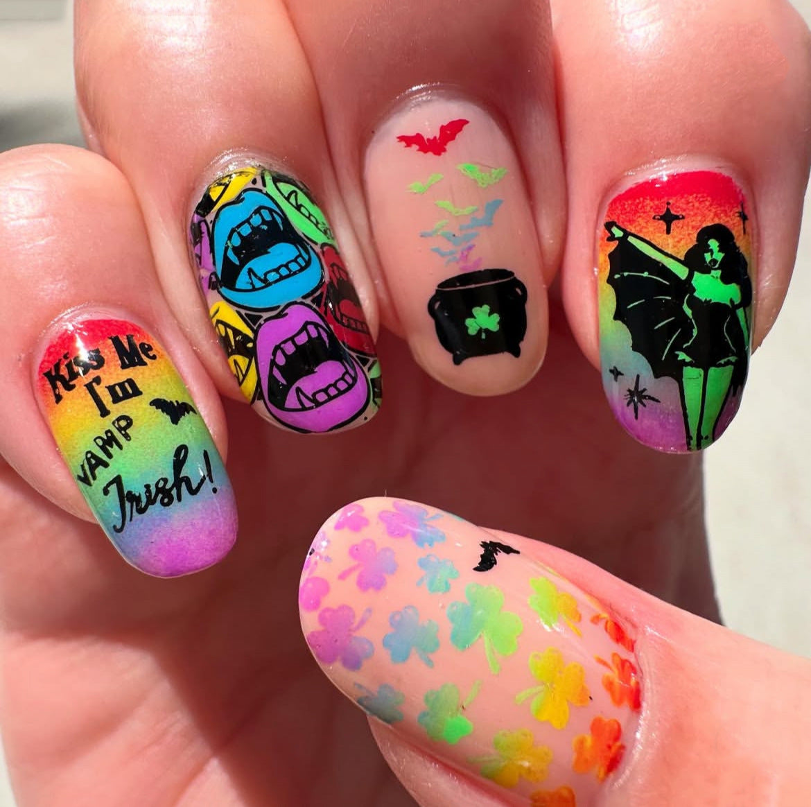 Whimsical Halloween Inspired Press On Nail Set Medium Oval Colorful Gradient with Spooky Themed Designs