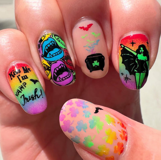 Whimsical Halloween Inspired Press On Nail Set Medium Oval Colorful Gradient with Spooky Themed Designs