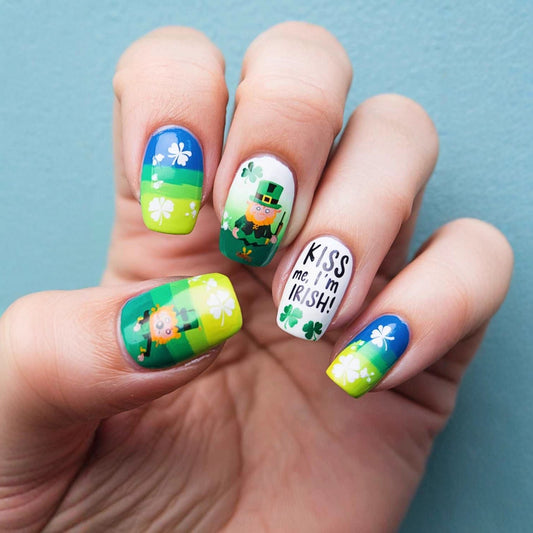 Lucky Clover Inspired Medium Square Green and Blue Press On Nail Set with Whimsical Irish Theme