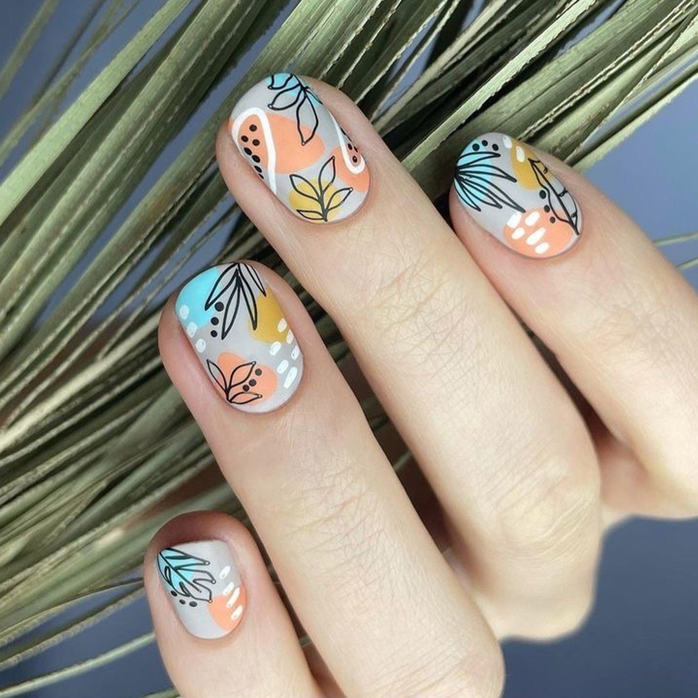 Tropical Vibes Medium Square Pastel with Botanical Art Press On Nail Set