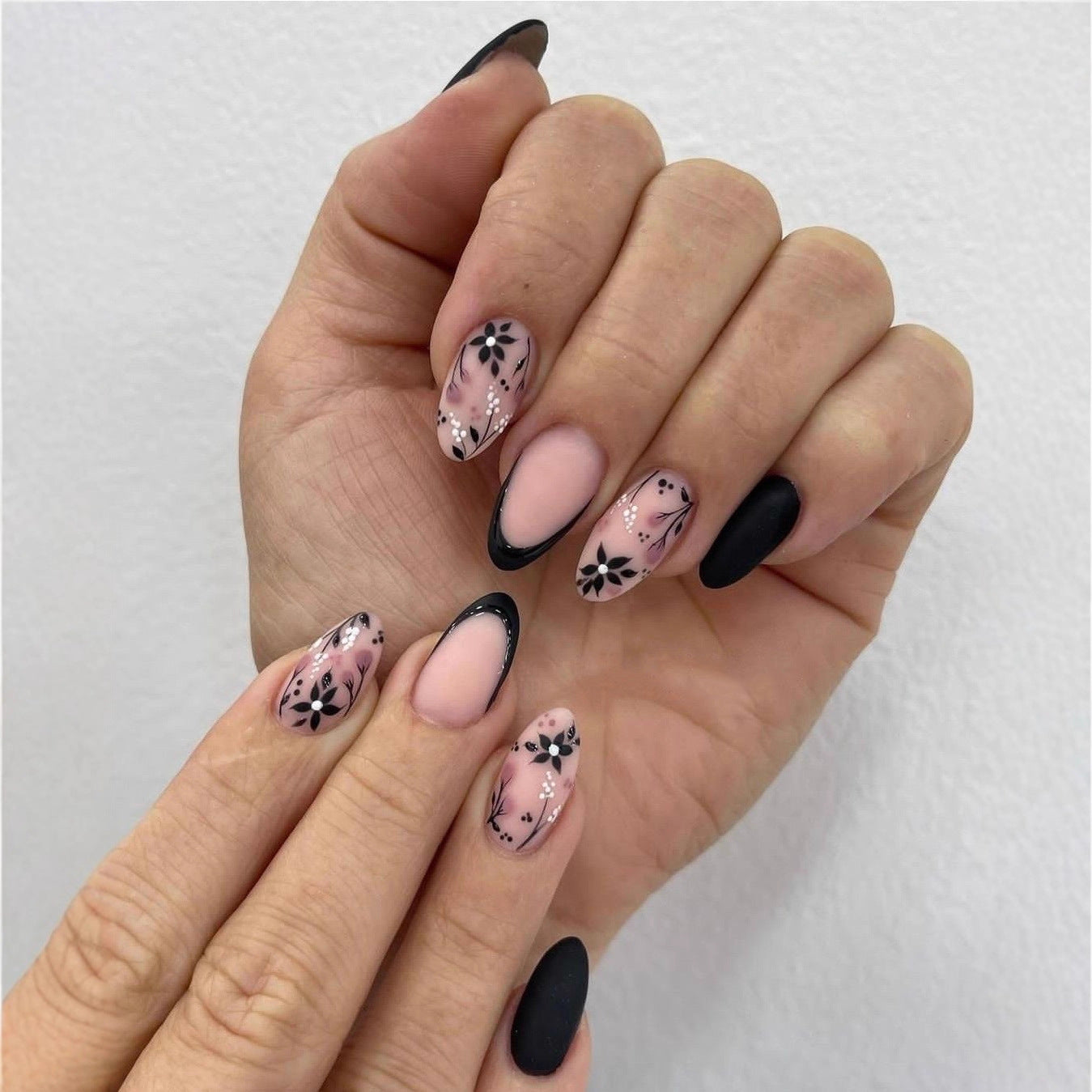 Bohemian Elegance Medium Almond Blush Pink and Black Floral Design Press On Nail Set