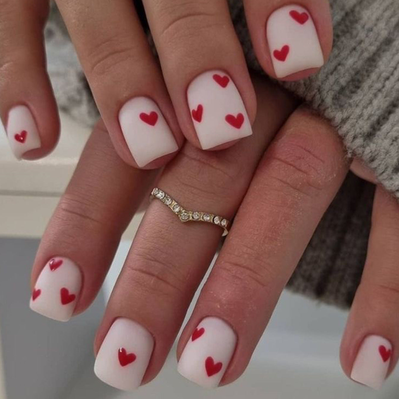 Romantic Bliss Square Short White Press-On Nail Set with Charming Red Heart Accents