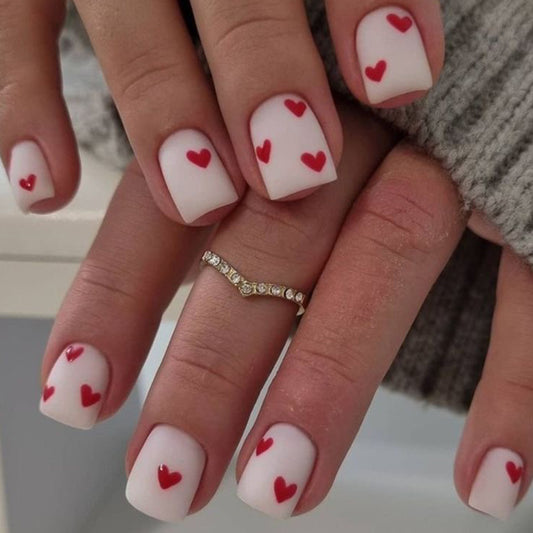 Romantic Bliss Square Short White Press-On Nail Set with Charming Red Heart Accents