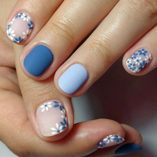Whimsical Blossom Press On Nail Set Short Squoval Matte Blue and Floral Design