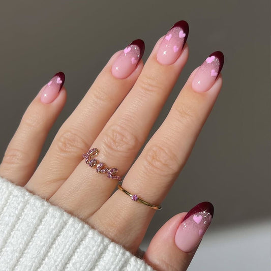Romantic Elegance Medium Almond Pink Ombre with Heart Accent Press-On Nail Set
