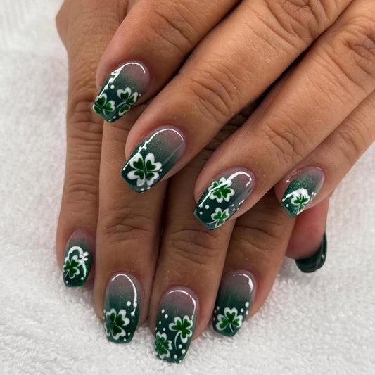 Enchanted Emerald Medium Square Press On Nail Set Green Ombre with Intricate Floral Design