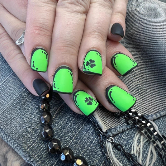 Lucky Charms Green Short Square Press On Nail Set with Black Detailing and Shamrock Accents