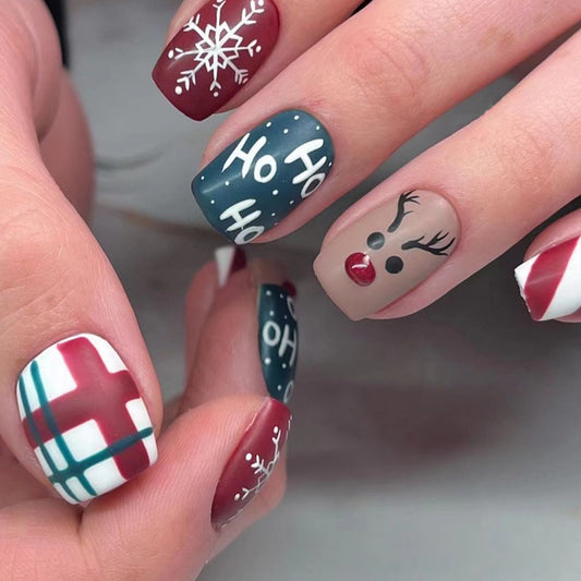 Festive Cheer Holiday Press On Nail Set Short Square Shape Red Green Blue Beige Whimsical Holiday Designs