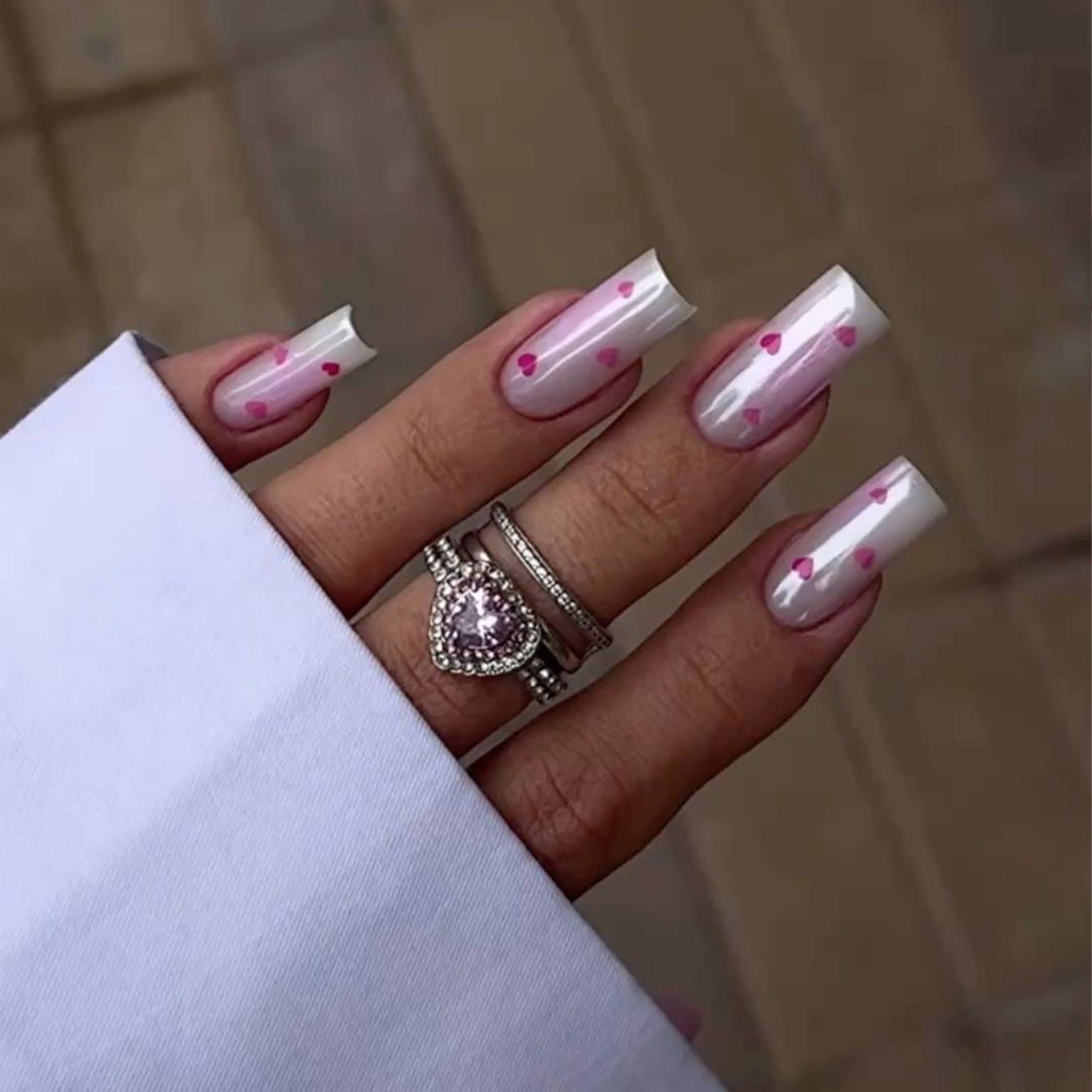 Romantic Dream Press-On Nail Set Long Square Clear Base with Pink Heart Accents